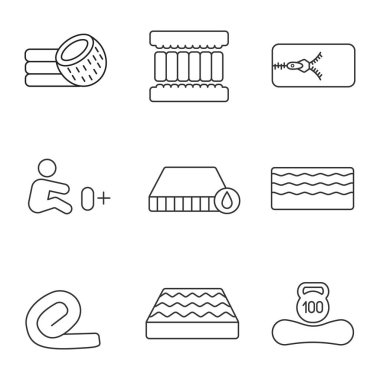 Yatak doğrusal Icons set. Hindistan cevizi lifi, bellek köpük dolgu, su geçirmez, antialerjik, springless, şilteler için yeni doğmuş, ağırlığı 100 kg kadar sınırlamak. İzole vektörel çizimler. Düzenlenebilir kontur
