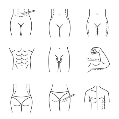 Plastic surgery linear icons set. Tummy tuck, waist, thigh, buttock correction surgery, penis enlargement, coolsculpting, arm lifting. Thin line symbols. Isolated vector illustrations. Editable stroke