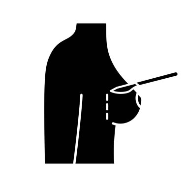 Meme büyütme operasyonu kesi glif simgesi. Düzeltici kadın meme operasyonu. Mammoplasty. Plastik Cerrahi neşter kesiği. Siluet simge. Negatif alan. İzole vektör çizim