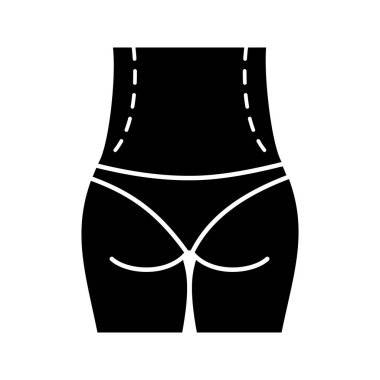 Bel düzeltme ameliyatı glif simgesi. Liposuction çevrelemektedir. Bel Şekillendirici ve yağ plastik cerrahi. Kemer lipectomy. Siluet simge. Negatif alan. İzole vektör çizim