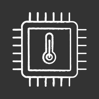 İşlemci sıcaklığı tebeşir simgesi. Çekirdek sıcaklığı. CPU aşırı ısınma. Çip, miniyonga, küçük parça. Merkezi işlem birimi Isıtma. Termometre ile tümleşik devre. İzole vektör kara tahta çizim