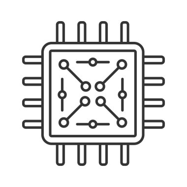 Elektronik devreler doğrusal simgesi ile işlemci. Mikroişlemci Mikri şemalar ile. Çip, miniyonga, küçük parça. CPU. İnce hat illüstrasyon. Entegre devre. İzole vektör çizim. Düzenlenebilir kontur