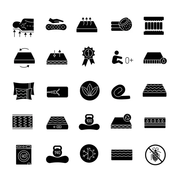 Mattress Glyph Icons Set Latex Innerspring Memory Foam Mattresses Breathable — Stock Vector