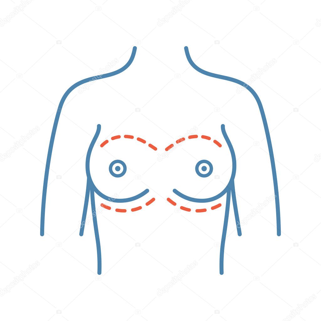 Breast augmentation color icon. Corrective woman breast surgery. Mammoplasty. Plastic surgery. Isolated vector illustration