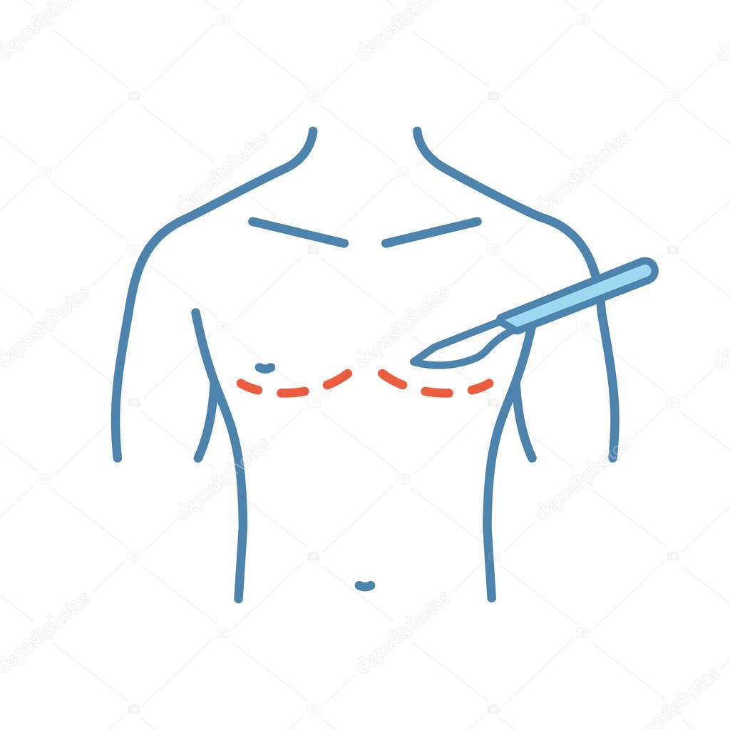 Male breast surgery color icon. Gynecomastia. Plastic surgery for men. Male breast contouring. Isolated vector illustration
