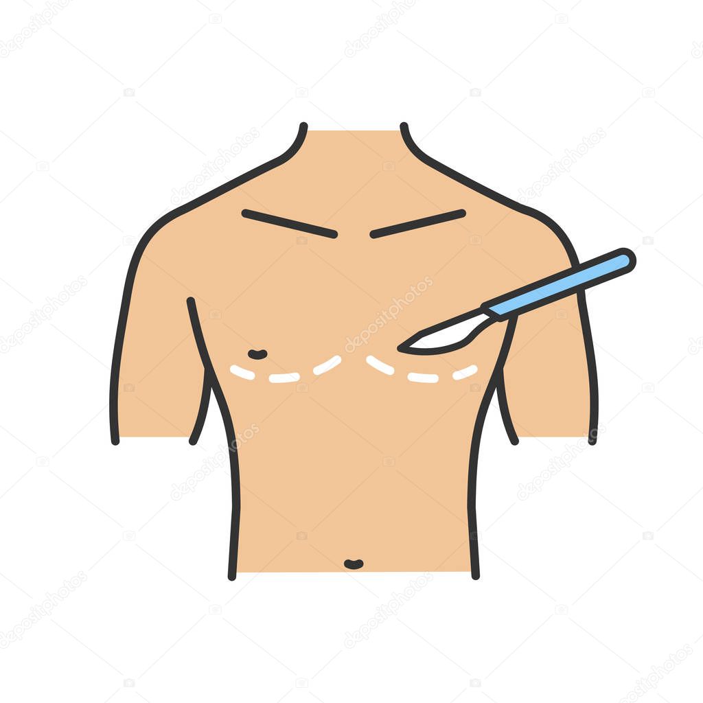 Male breast surgery color icon. Gynecomastia. Plastic surgery for men. Male breast contouring. Isolated vector illustration