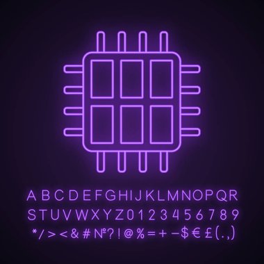 Altı çekirdekli işlemci neon ışığı simgesi. Hexa mikroişlemci. Mikroçip, küçük parça. CPU. Bilgisayar, telefon çok çekirdekli işlemci. Entegre devre. Parlayan alfabe, sayılar. İzole vektör çizim