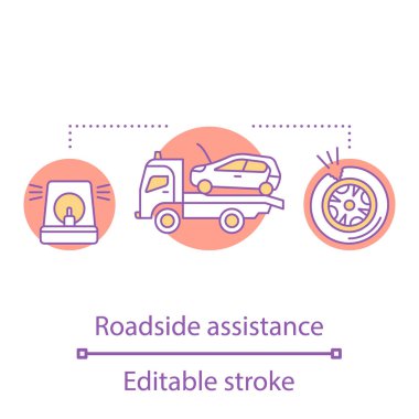 Yol yardımı kavramı simge. Acil araba tahliye fikir ince hat illüstrasyon. Araba servisi. Otomobil Lastik ponksiyon. İzole anahat çizim vektör. Düzenlenebilir kontur