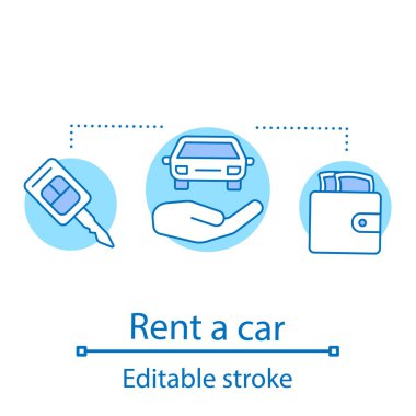 Araba Kiralama kavramı simge. Fikir ince hat illüstrasyon leasing otomobil. Sipariş taksi. Bir araba kiralayın. İzole anahat çizim vektör. Düzenlenebilir kontur
