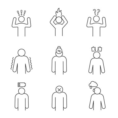 Duygusal stres doğrusal Icons set. Anksiyete, hayal kırıklığı, karışıklık, titreyen, yük, düşünme, bitkinlik, ilgisizlik, üzüntü. İnce çizgi sembolleri. İzole vektör anahat çizimler. Düzenlenebilir kontur