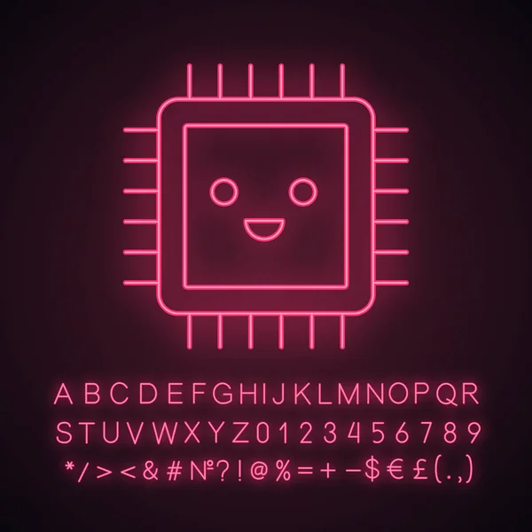 Uśmiechający Się Procesor Neon Light Ikona Dobrze Pracy Mikroprocesora Chip — Wektor stockowy