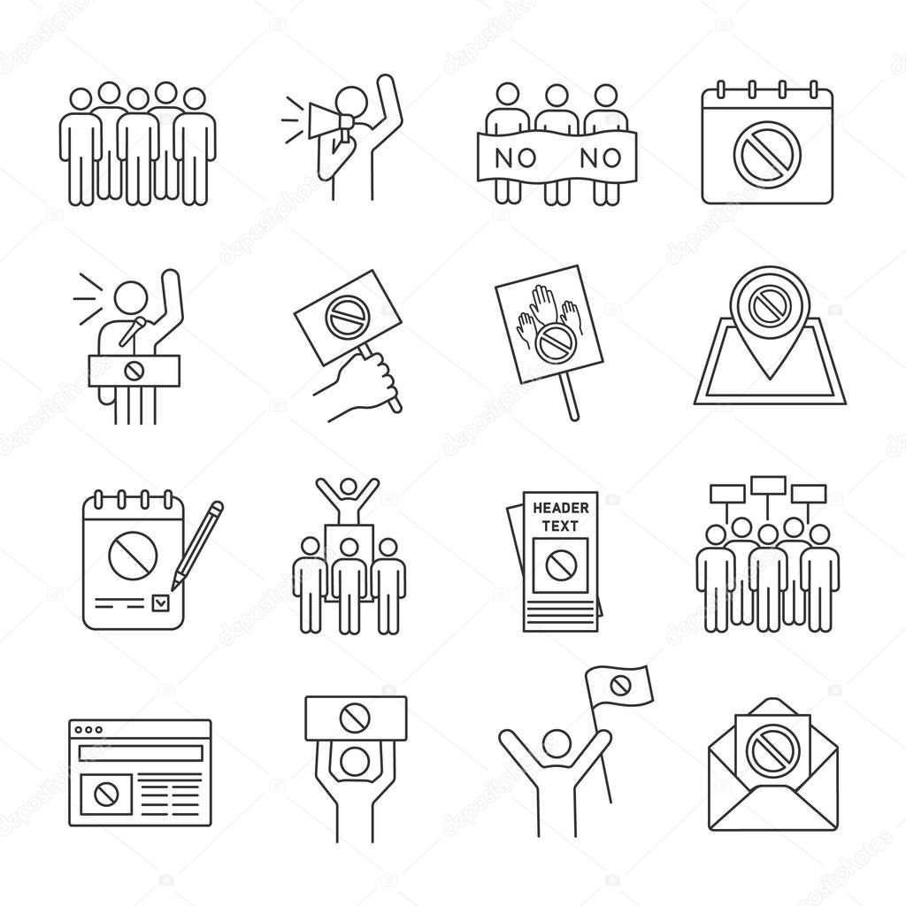 Protest action linear icons set. Political behaviour. Social and political movements. Democracy, rights protection. Thin line contour symbols. Isolated vector outline illustrations. Editable stroke