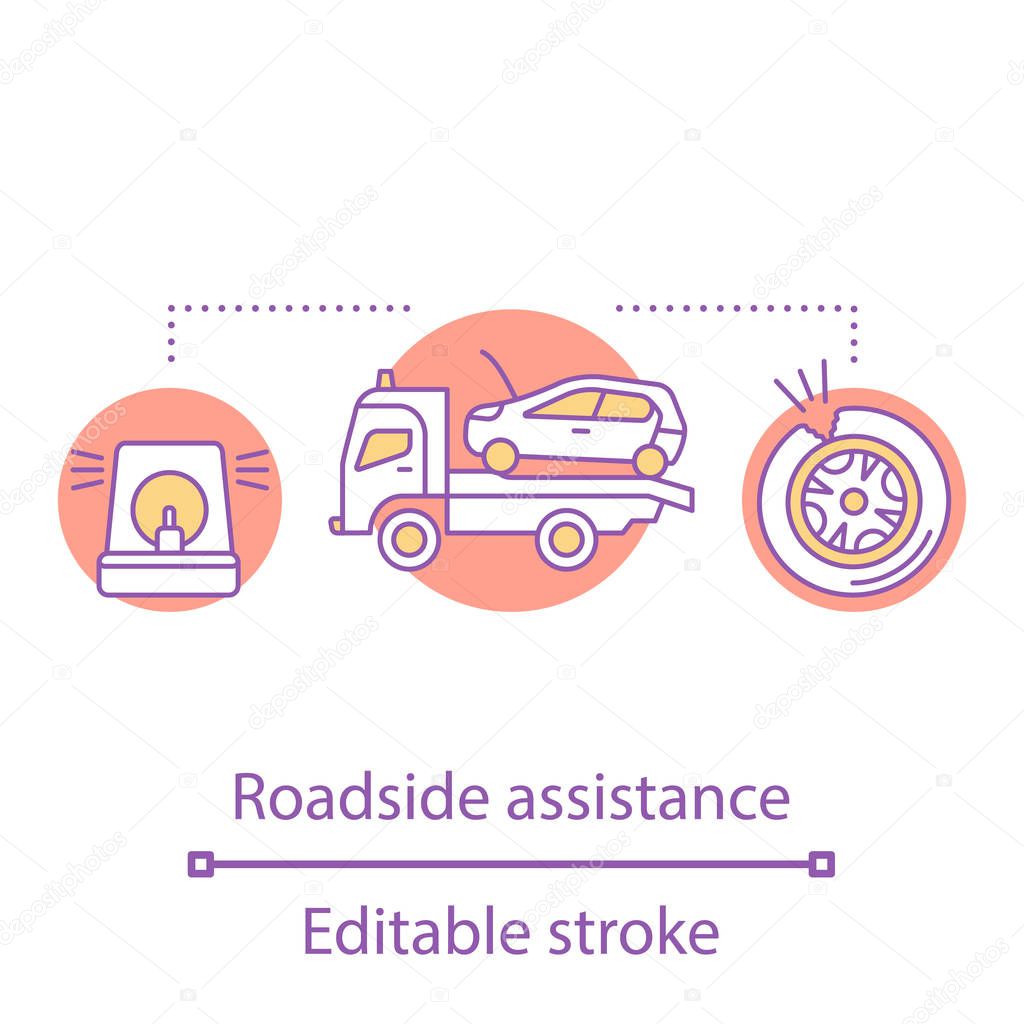 Roadside assistance concept icon. Emergency car evacuation idea thin line illustration. Car service. Automobile tyre puncture. Vector isolated outline drawing. Editable stroke