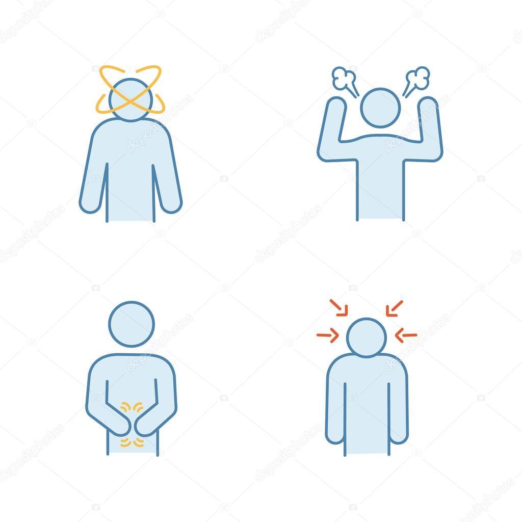 Emotional stress color icons set. Dizziness, anger, indigestion, nervous tension. Isolated vector illustrations