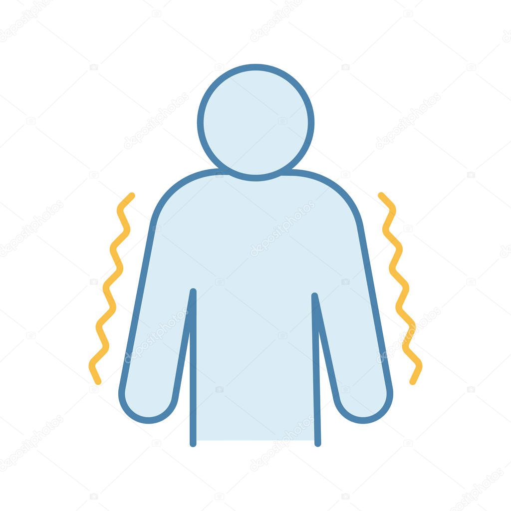 Trembling color icon. Anxiety. Shaking body. Worrying and afraid person. Chills. Physiological stress symptoms. Isolated vector illustration