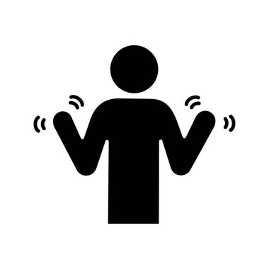 El titremesi glif simgesi. Parkinson hastalığı. Titrek eller. Anksiyete sarsıntı. Kas seğirmesi. Titreyen. Fizyolojik stres belirtileri. Siluet simge. Negatif alan. İzole vektör çizim