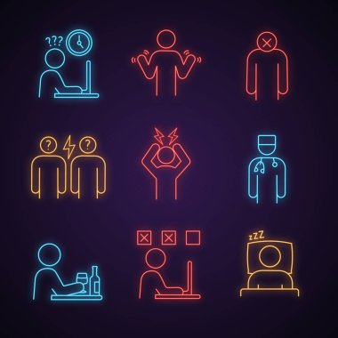 Duygusal stres neon ışık Icons set. Rush, el titremesi, ilgisizlik, çatışma, baş ağrısı, Doktor, alkolizm, hataları, uyku yapmaya çalışıyorum. Parlayan işaretler. İzole vektör çizimler