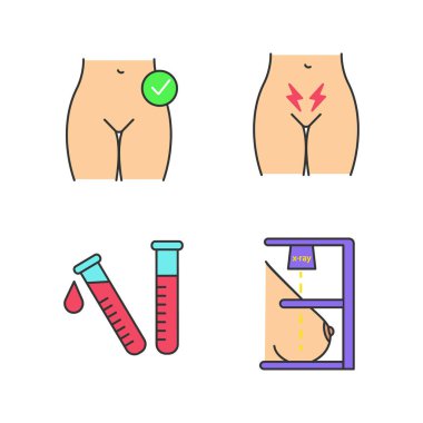 Gynecology color icons set. Womens health, menstrual cramps, laboratory test, mammography. vector illustration clipart