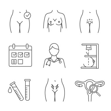 Kadın hastalıkları doğrusal Icons set. Takvim, meme ucu deşarj, test laboratuvarı, genital döküntü, Doktor, mamografi, sınav, regl ağrısı, kadın sağlığı. İzole vektör anahat çizimler. Düzenlenebilir kontur