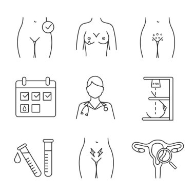 Gynecology linear icons set. Calendar, nipple discharge, lab test, genital rash, doctor, mammography, exam, menstrual pain, women's health. Isolated vector outline illustrations. Editable stroke clipart