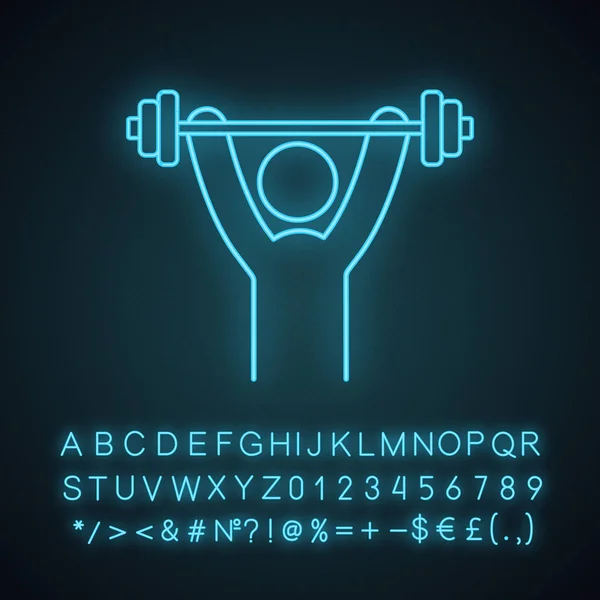 Man Training Met Barbell Neon Licht Pictogram Fysieke Oefeningen Gezonde — Stockvector