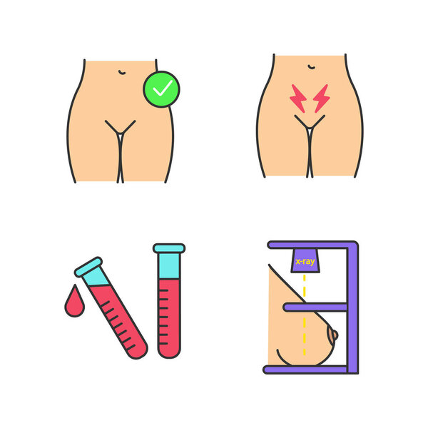 Gynecology color icons set. Womens health, menstrual cramps, laboratory test, mammography. vector illustration