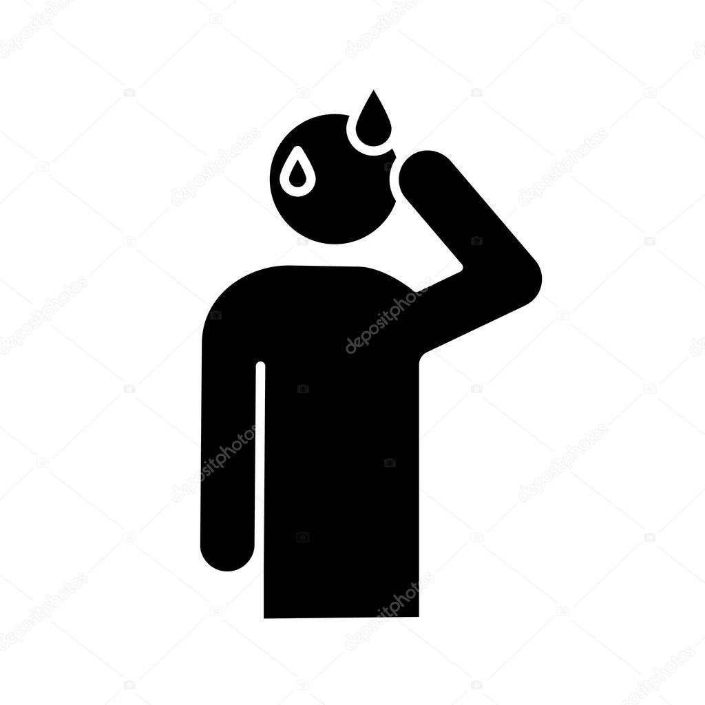 Sweating man glyph icon. Silhouette symbol. Cold sweat. Worrying and nervous person. Anxiety and stress. Panic. Physiological stress symptoms. Negative space. Vector isolated illustration