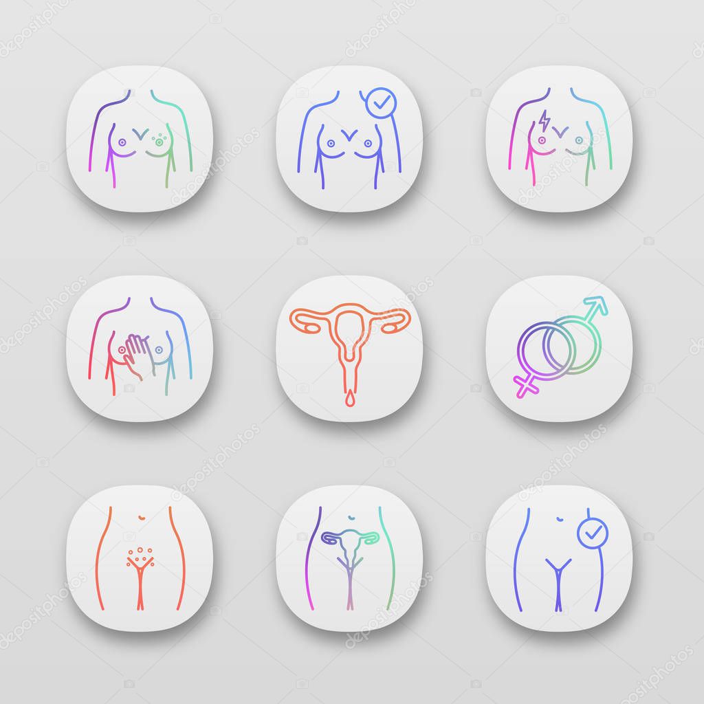 Gynecology app icons set. Breast rash, pain, womens health, palpation, menstruation, heterosexuality, genital rash, uterus. UI/UX user interface. Vector isolated illustrations