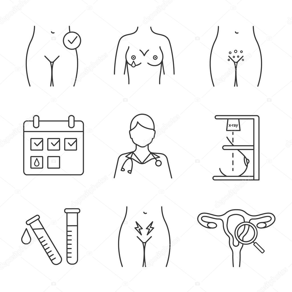 Gynecology linear icons set. Calendar, nipple discharge, lab test, genital rash, doctor, mammography, exam, menstrual pain, women's health. Isolated vector outline illustrations. Editable stroke