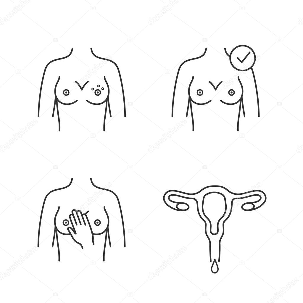 Gynecology linear icons set. Breast rash, womens health, breast palpation, menstruation. Thin line contour symbols. Isolated vector outline illustrations 