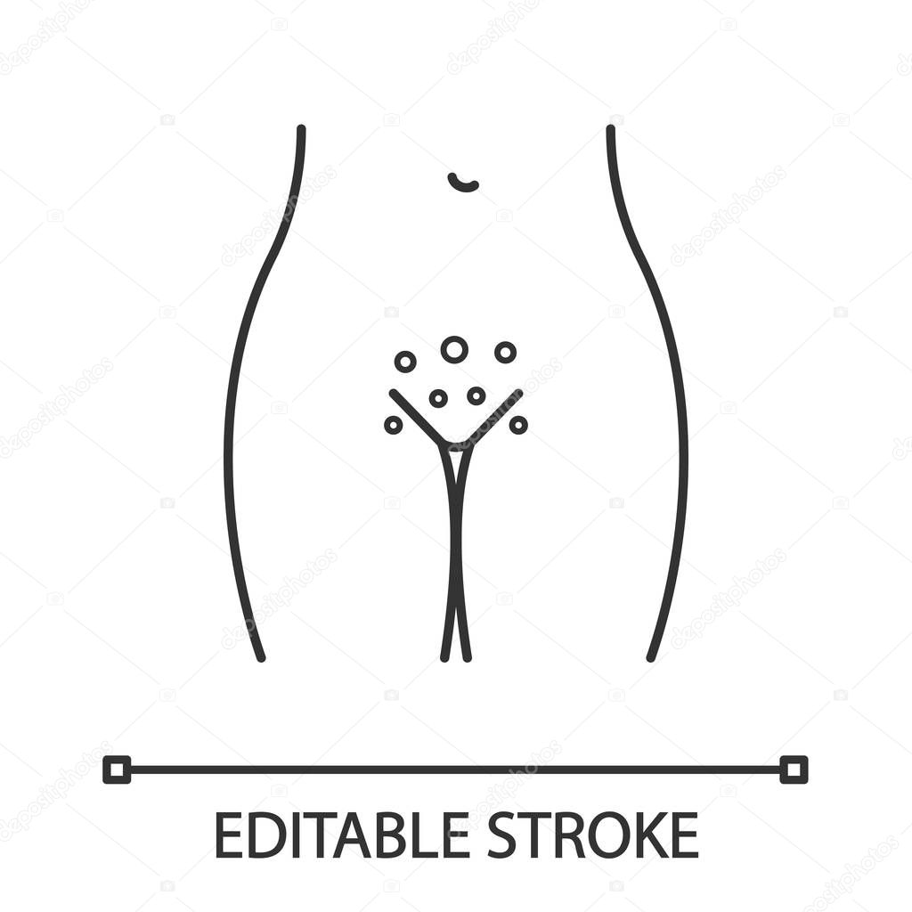 Genital rash linear icon. Vaginal itching. Thin line illustration. Venereal disease. Gynecological infection. Genital dermatitis, sores. Vector isolated outline drawing. Editable stroke