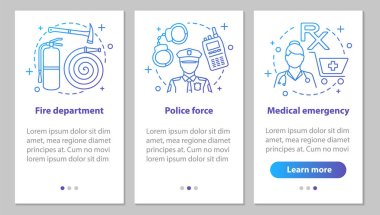 Doğrusal kavramları ile kamu hizmetlerinin onboarding mobil uygulaması sayfa ekran. Polis, itfaiye departmanı, tıbbi acil durum adım grafik talimatları. UX, UI, GUI vektör şablon çizim ile