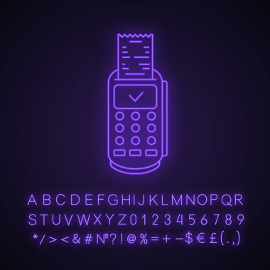 Ödeme terminal giriş neon ışığı simgesi. Başarılı Pos terminal hareket. E-ödeme. Alfabe, sayı ve sembol parlayan işaretiyle. İzole vektör çizim