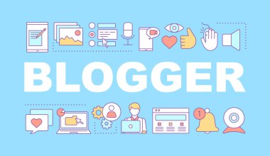 Blogger kelime kavramları afiş. Flama. Tanıtım, Web sitesi. Sosyal medya. Akarsu. Tipografi fikir doğrusal simgeleri ile harfler izole. Vektör anahat çizim