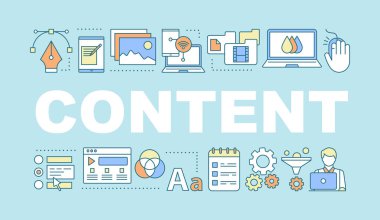 İçerik kelime kavramları afiş. Blogging, vlogging. Tanıtım, Web sitesi. Sosyal medya. Tipografi fikir ile doğrusal kutsal kişilerin resmi yazı Smm. göl kenarında. Vektör anahat çizim