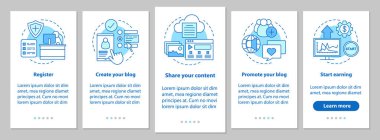 Doğrusal kavramları ile bloglama onboarding mobil uygulaması sayfa ekran. SMM. sosyal medya iş adımları grafik yönergeleri. UX, UI, GUI vektör şablon resimler
