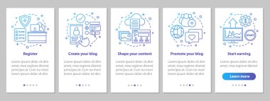 Blogging onboarding mobile app page screen with linear concepts. SMM. Social media business steps graphic instructions. UX, UI, GUI vector template with illustrations clipart