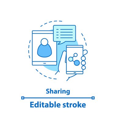İçerik paylaşım kavramı simge. Sosyal medya fikir ince hat illüstrasyon. Haberci. Çevrimiçi iletişim. İzole anahat çizim vektör. Düzenlenebilir kontur