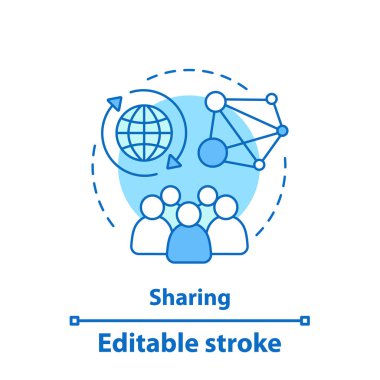 İçerik paylaşım kavramı simge. Ağ fikir ince hat illüstrasyon. Sosyal medya. Online topluluk. İzole anahat çizim vektör. Düzenlenebilir kontur