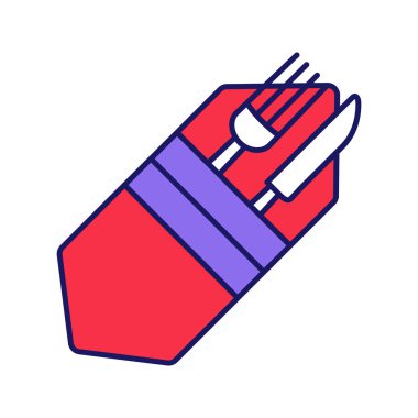 Çatal ve bıçak peçete renk simgesi. Çatal bıçak takımı. Tablo ayarı. Görgü kuralları. İş öğle yemeği kuralları. Restoran, Cafe. İzole vektör çizim