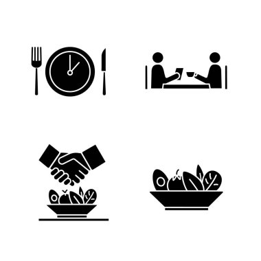 İş öğle yemeği glif Icons set. Akşam yemeği mola, Toplantı, café yapmak yemek, salata alışverişinde. Siluet simgeler. İzole vektör çizim