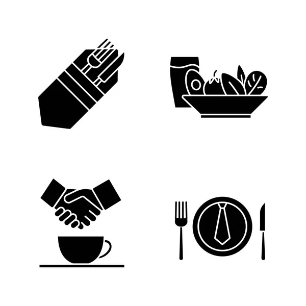 Öğle Yemeği Glif Icons Set Çatal Bıçak Salata Soğuk Içecek — Stok Vektör