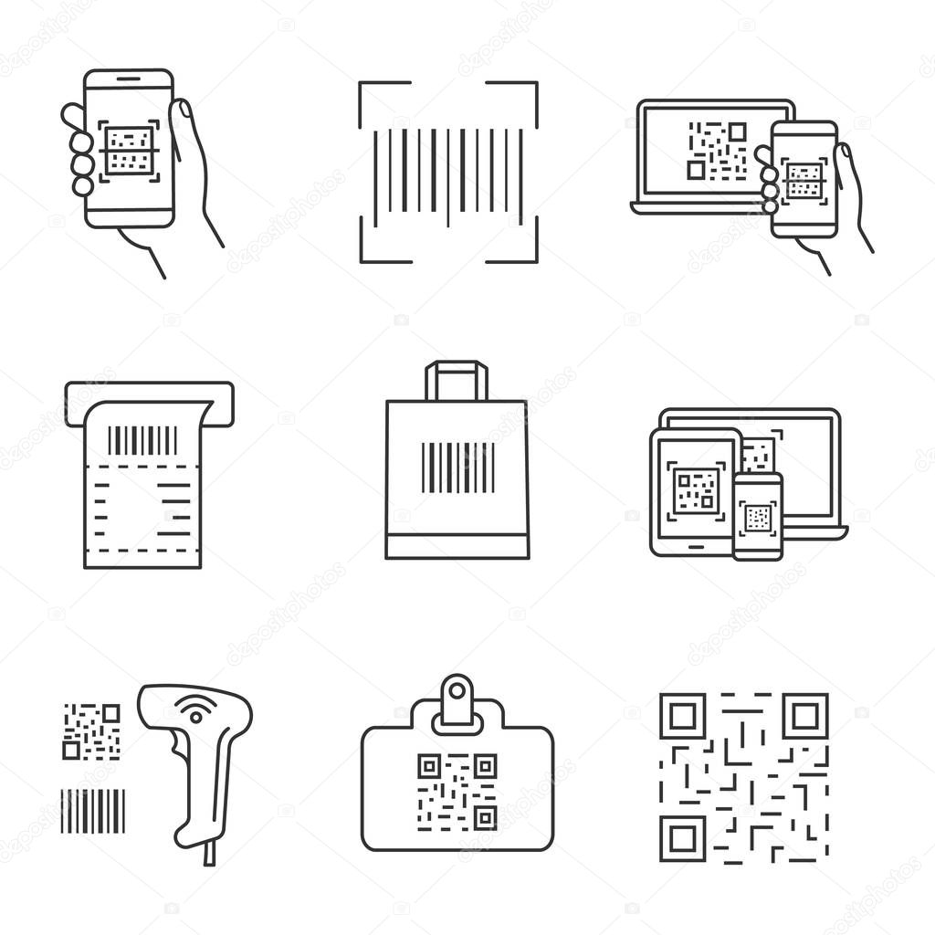 Barcodes linear icons set. Smartphone barcode scanning app, linear code, ATM cash receipt, shopping bag, scanner, id badge, using QR codes. Isolated vector outline illustrations. Editable stroke