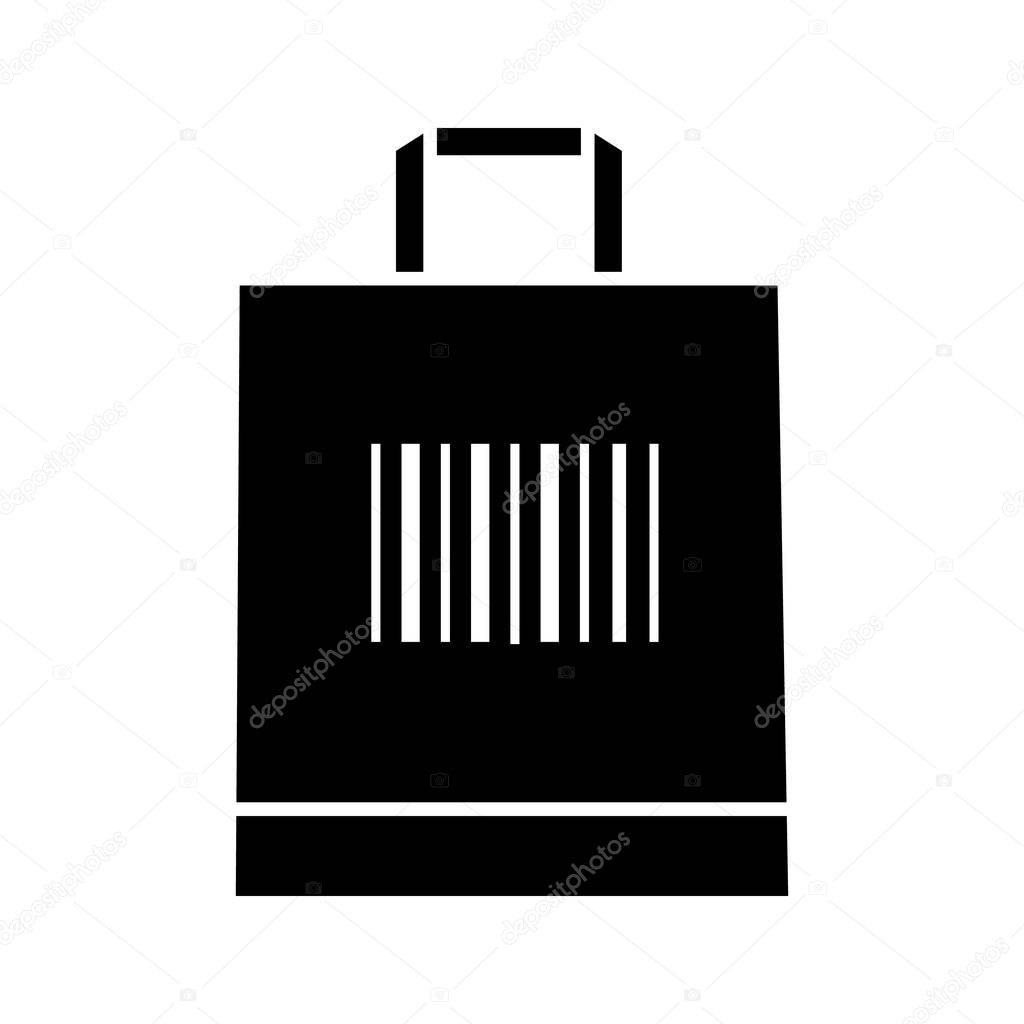 Shopping bag with barcode glyph icon. Retail. Merchandising. Using traditional linear barcodes. One dimensional code data identification. Silhouette symbol. Negative space. Vector isolated illustration