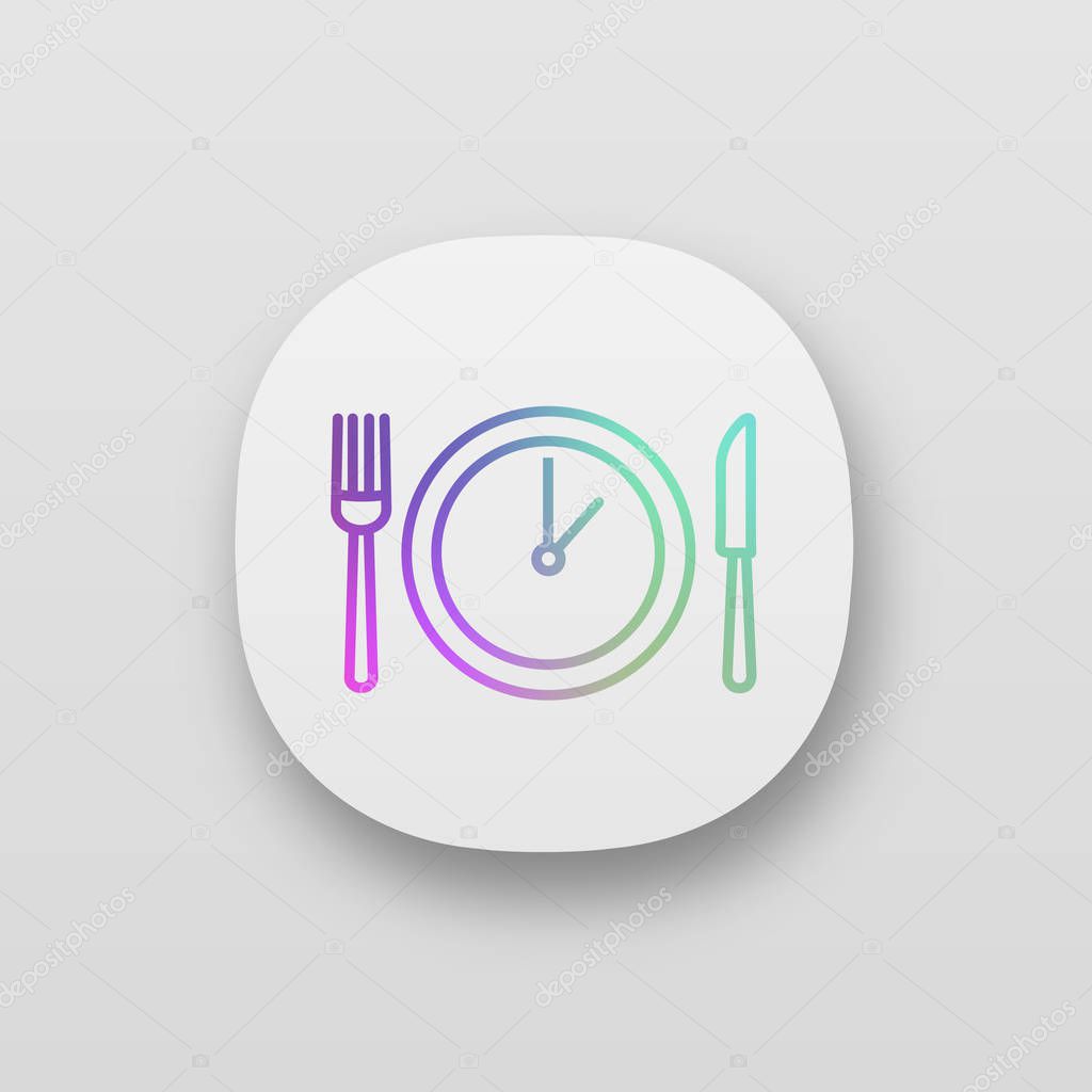 Lunch time app icon. Dinner break. Afternoon business meeting. Business lunch timing and duration. Table knife, fork and plate with clock inside. UI/UX user interface. Vector isolated illustration