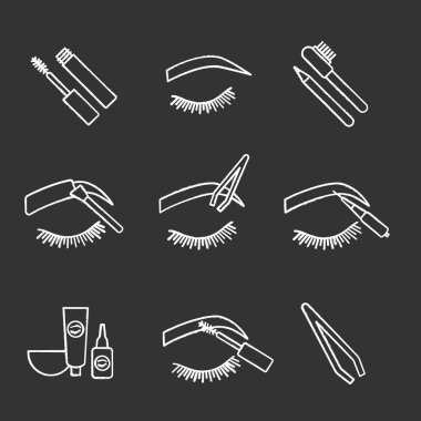 Tebeşir Icons set şekillendirme kaşlar. Kit, kemerli kaşlar, cımbız, microblading, maskara, kaş renklendirme ve kalem ve fırça ile şekillendirme boya. İzole vektör kara tahta çizimler