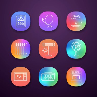Ev aleti app simgeleri ayarlayın. Bulaşık makinesi, uydu anteni, dilim ekmek kızartma makinesi, radyatör, Infrared Isıtıcı, fan, mikrodalga fırın, soba dijital saat. UI/Ux Kullanıcı arabirimi. İzole vektör çizimler