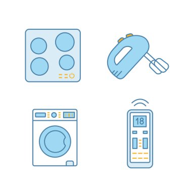 Ev aleti renk simgeler kümesi. Elektrik indüksiyon Ocak, el mikseri, çamaşır makinesi, Klima Uzaktan kumanda. İzole vektör çizimler