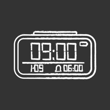 Dijital çalar saat tebeşir simgesi. Elektronik saat. Dijital alarm izle. İzole vektör kara tahta çizim