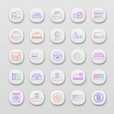 Ortopedik yatak app simgeleri ayarlayın. UI/Ux Kullanıcı arabirimi. Lateks, innerspring ve bellek köpük şilte. Yatak takımları, antialerjik nefes alabilen, ekolojik, anatomik, su geçirmez. İzole vektör çizim